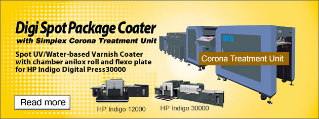 Digi Spot Package Coater, UV and Water-based varnish coater with chamber anilox and flexo plate for HP Indigo 30000.