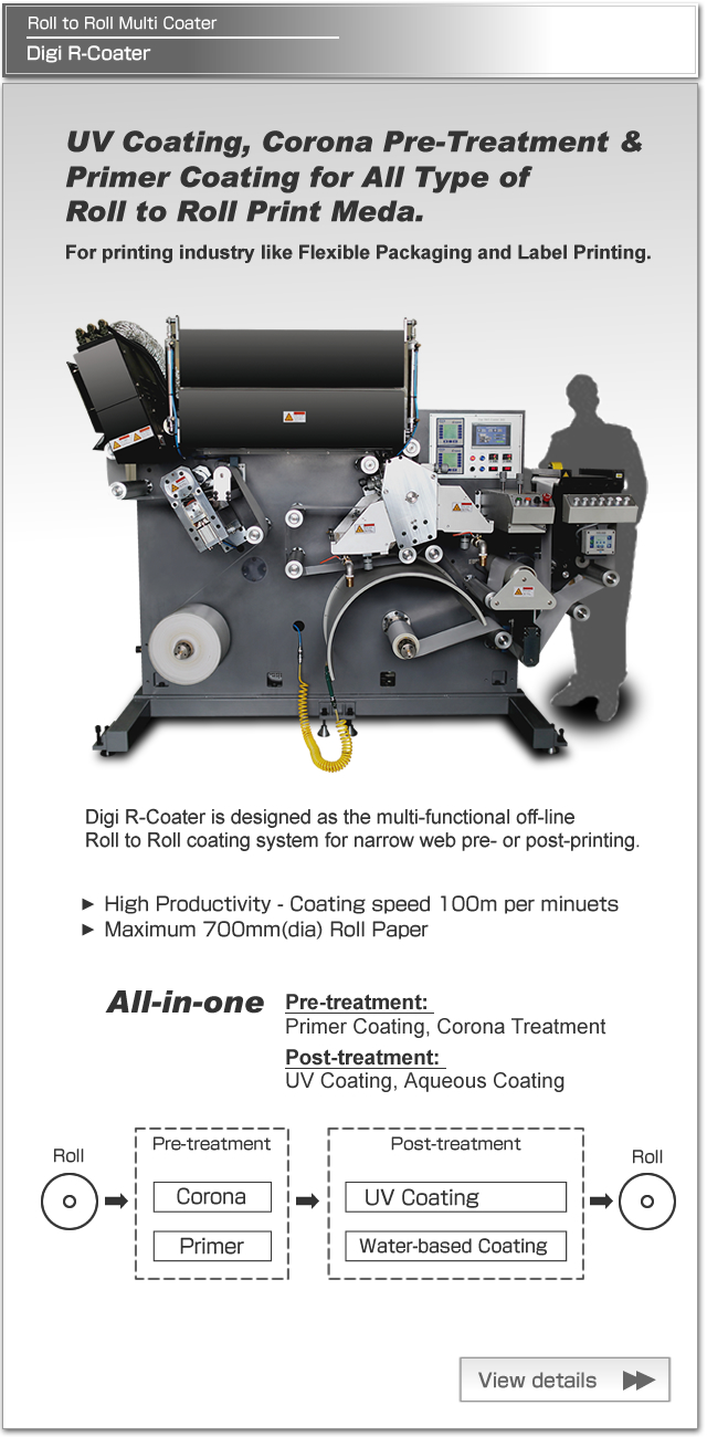 Digi R-Coater, Multi and All-in-one Roll to Roll Coater, Primer Coating, Corona Treatment, UV Coating, and Water-based Coating.
