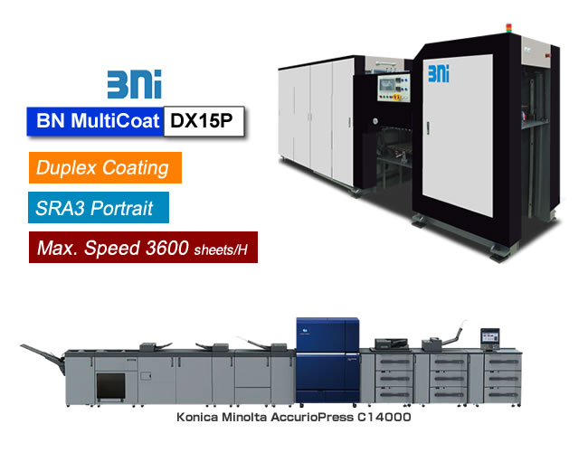 BN MultiCoat DX15P is Duplex Coater for UV/Aqueous coating after printing, for Konica Minolta AccurioPress C14000.