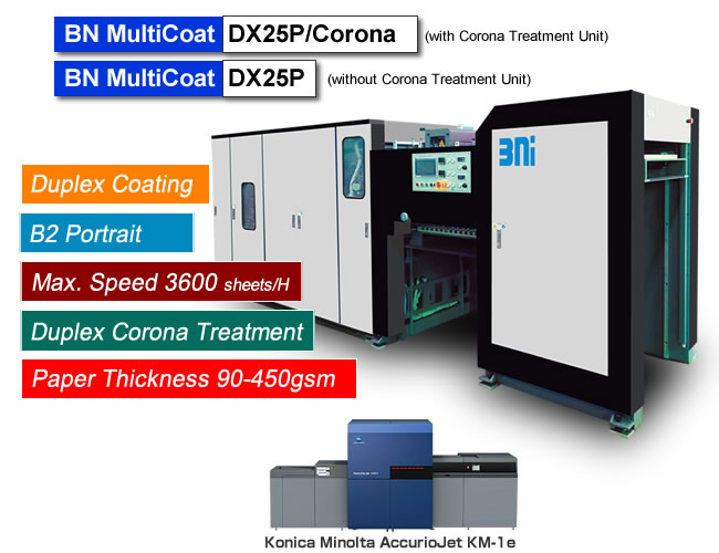 BN MultiCoat DX25P/Corona is Duplex Coater for UV / Water-based coating after printing, for Konica Minolta AccurioJet KM-1e.