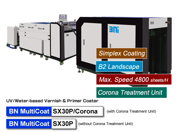 BN MultiCoat SX30P/Corona is UV/Water-based Varnish Coater suitable B2/A2 digital presses, such as HP Indigo 15K.