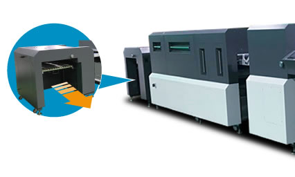 BN PackageCoat SXC30APS Professional for package printing by Fujifilm Jet Press 750S, Auto Sheet Stacker