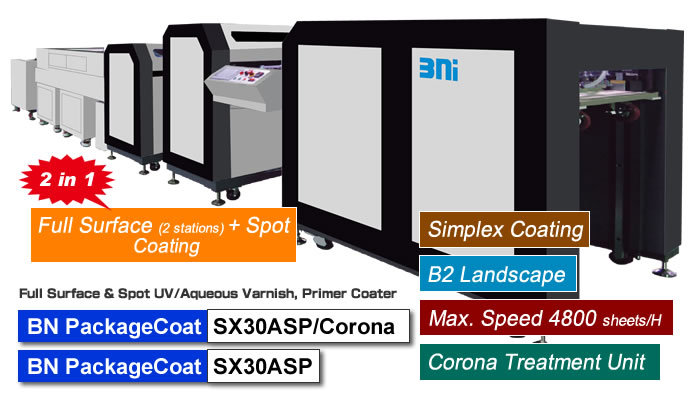 BN PackageCoat SX30ASP/Corona is 2-in-1 Coating System, Full Face Coating with 2 stations and Spot Coating for package printing by HP Indigo Digital Press 35K/15K.