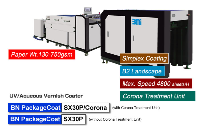 BN PackageCoat SX30P/Corona is designed to ensure high-grade UV and Water-based Varnish Coating for package printing by HP Indigo 35K/15K, applicable for thicker paper 130 - 750gsm. By using of specially developed UV varnish which is acceptable of EVA hotmelt glue or cold/hot foil for folding carton finishing.