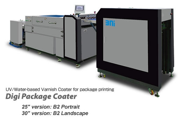 Digi Package Coater series is UV/Water-based Varnish Coater for package printing with specially developed varnish, suitable B2/A2 digital presses and offset presses, such as Fujifilm Jet Press 750S/720S