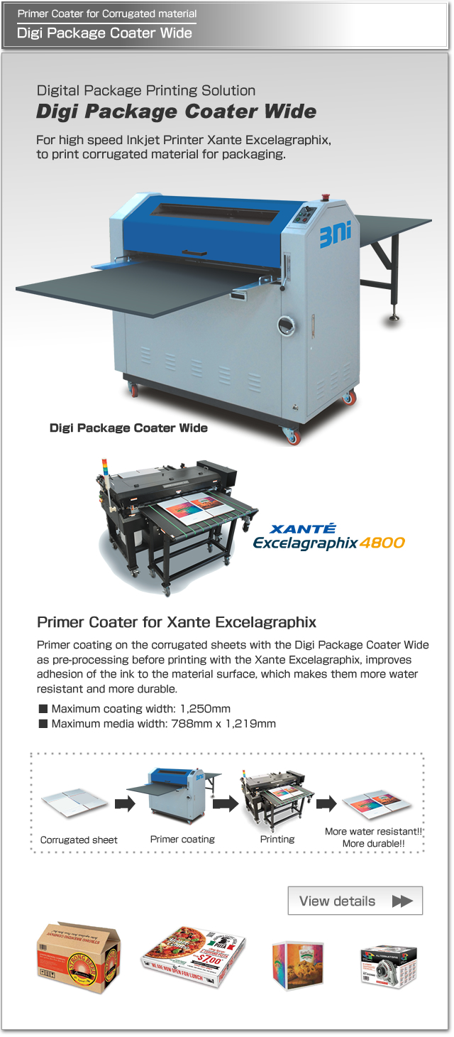 Digi Package Coater Wide is a primer coater, as part of digital package printing solution, specially working with high speed Inkjet Printer Xante Excelagraphix powered by Memjet to print corrugated sheets.