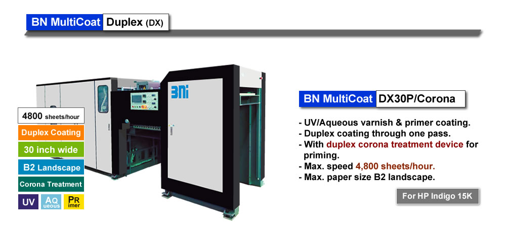 BN MultiCoat DX30P/Corona, multi-functional UV/Aqueous and primer coater with duplex coating and duplex corona treatment.