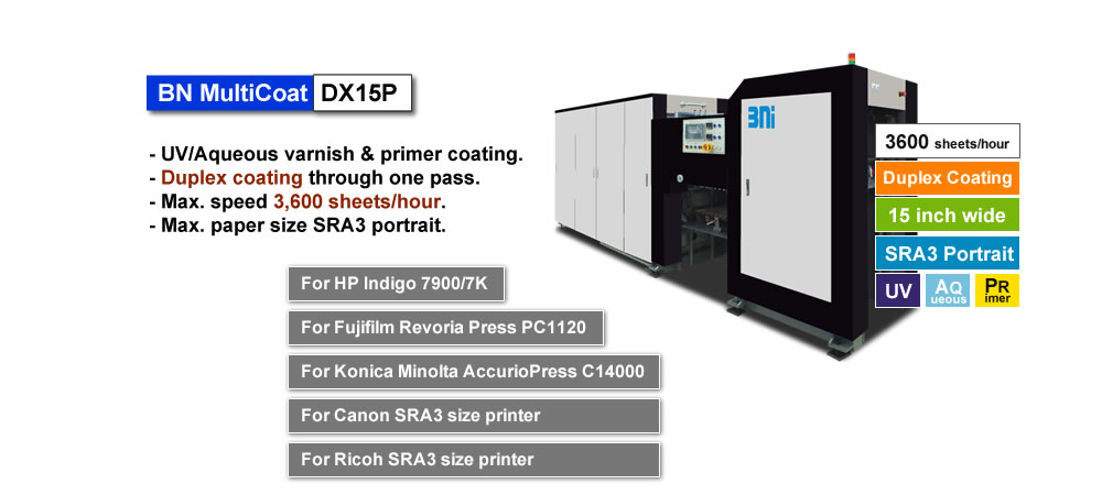 BN MultiCoat 15P/Corona, multi-functional UV/Aqueous and primer coater with duplex coating and duplex corona treatment, 15inch coating width.