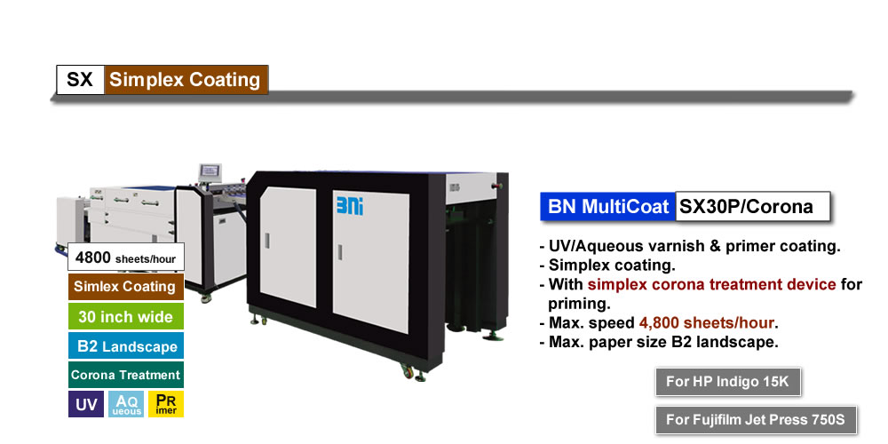 BN MultiCoat SX30P/Corona, multi-functional UV/Aqueous and primer coater with simplex coating and simplex corona treatment, 30inch coating width.
