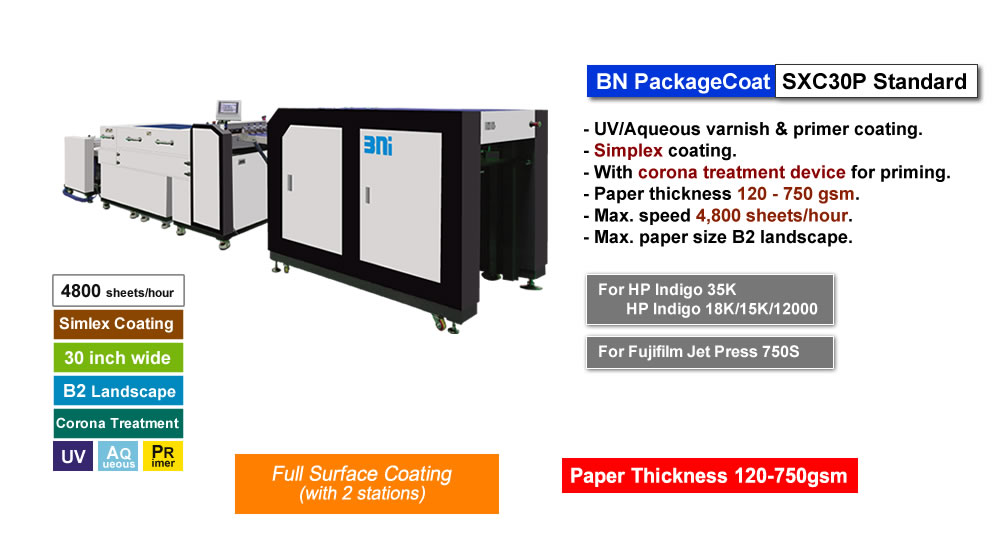 BN PackageCoat SX30P/Corona, UV/Aqueous & primer coater specialized for package printing by HP Indigo 35K/15K, simplex corona treatment, paper thickness 130 - 750 gsm