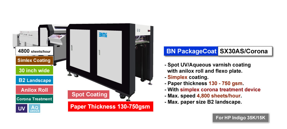 BN PackageCoat SX30AS/Corona, Spot UV/Aqueous coater with anilox roll with flexo plate, specialized for package printing, simplex corona treatment, paper thickness 130 - 750 gsm