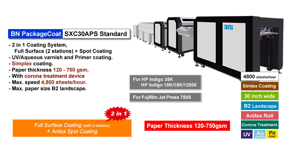 BN PackageCoat SX30ASP/Corona is Coater for Package Printing, which has two in one coating system, full face coating with 2 stations and spot coating, for Primer coating as pre-processing before printing and UV, Water-based Liquid coating after printing, for Indigo 35K/15K Digital Press. paper thickness 130 - 750 gsm