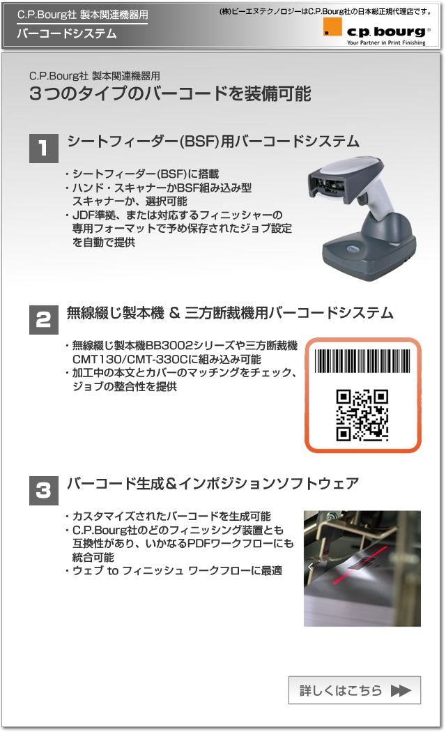 CP Bourg社のデジタル印刷機（オンデマンド印刷機）対応の製本関連機器用バーコードシステム。