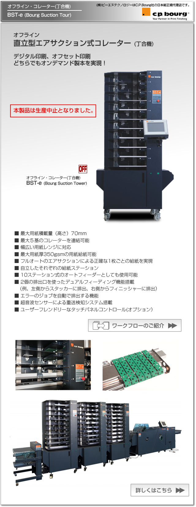 CP Bourg社のデジタル印刷機（オンデマンド印刷機）対応のオフライン・コレーター(丁合機) BST-e (Bourg Suction Tower)。