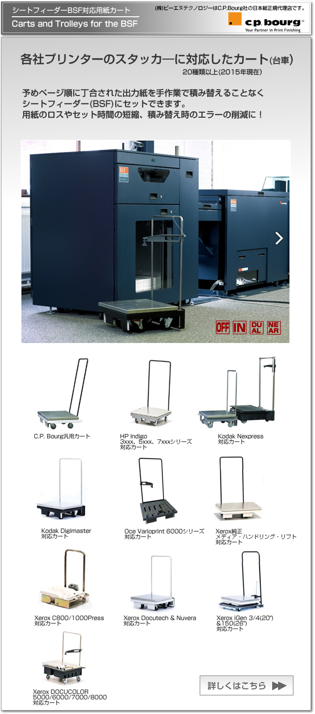 CP Bourg社のデジタル印刷機（オンデマンド印刷機）対応のシートフィーダー BSF対応用紙カート。