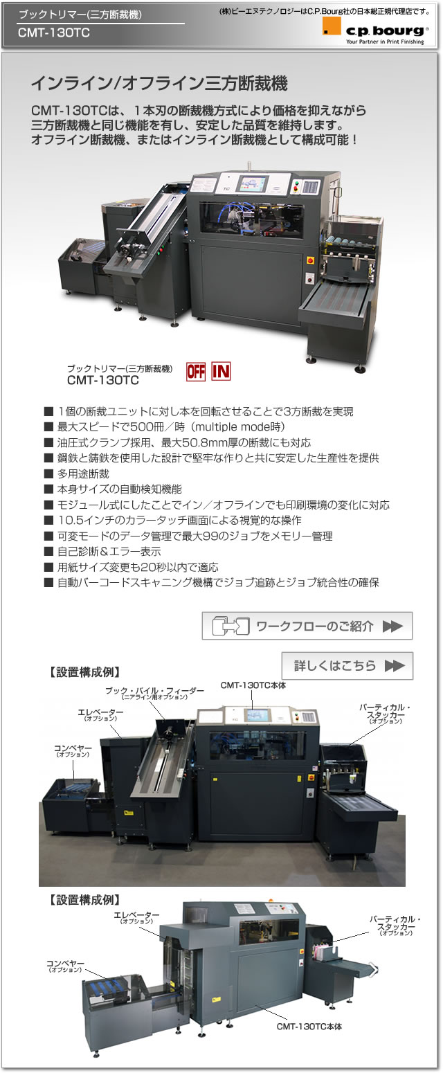 CP Bourg社のデジタル印刷機（オンデマンド印刷機）対応のブックトリマー(三方断裁機)CMT-130TC、インライン/オフライン/ニアライン設置。