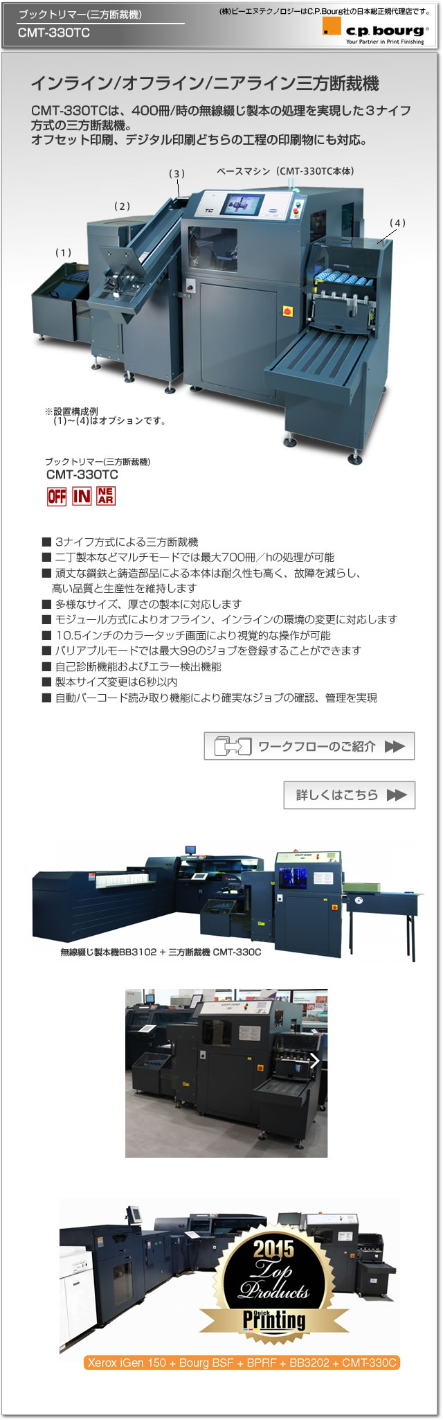 CP Bourg社のデジタル印刷機（オンデマンド印刷機）対応の3ナイフ・ブックトリマー(三方断裁機)CMT-330TC、インライン/オフライン/ニアライン設置。