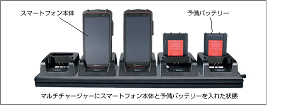 防爆スマートフォン IS540.1用マルチチャージャーにスマートフォン本体と予備バッテリーを入れた状態