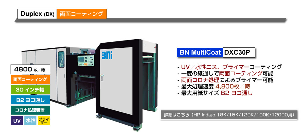 BN MultiCoat DX30P/Corona、UV／水性ニス、プライマーコーティング、一度の紙通しで両面コーティング可能、両面コロナ処理によるプライマー可能、最大処理速度 4,800枚／時、最大用紙サイズ B2 ヨコ通し