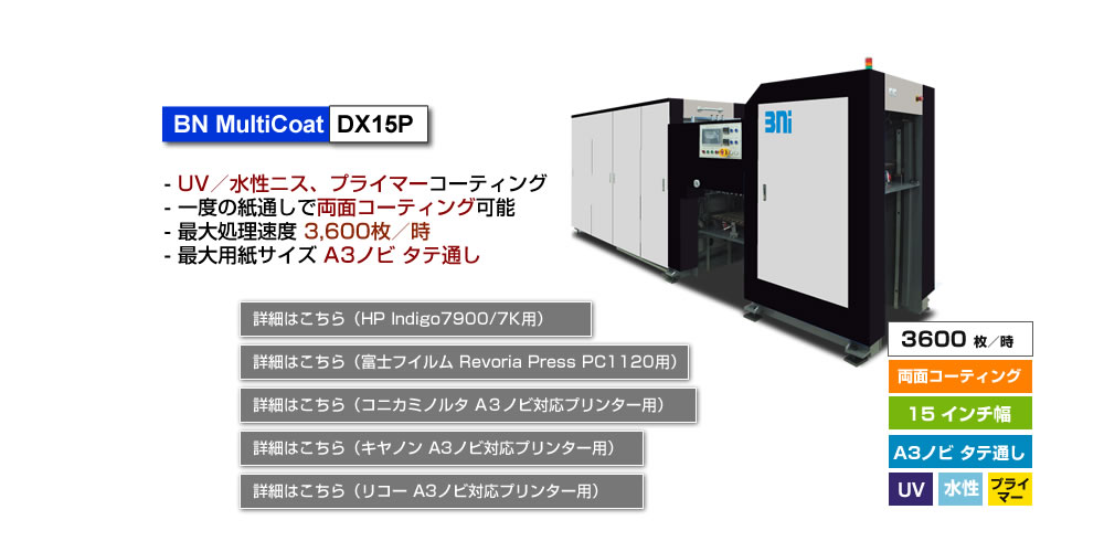 BN MultiCoat DX15P、UV／水性ニス、プライマーコーティング、一度の紙通しで両面コーティング可能、最大処理速度 2,400枚／時、最大用紙サイズ A3ノビ タテ通し