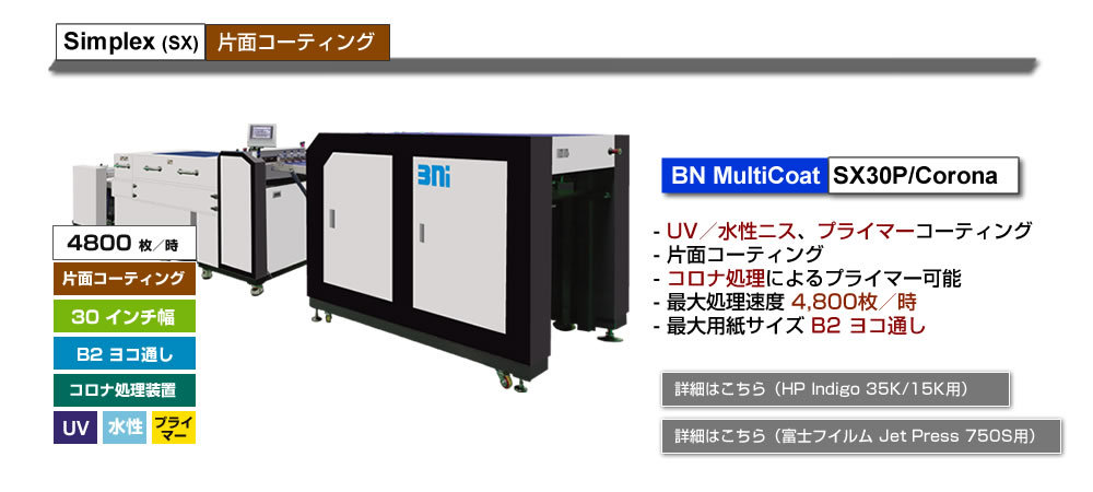 BN MultiCoat SX30P/Corona、UV／水性ニス、プライマーコーティング、コロナ処理可能、最大処理速度 4,800枚／時、最大用紙サイズ B2 ヨコ通し