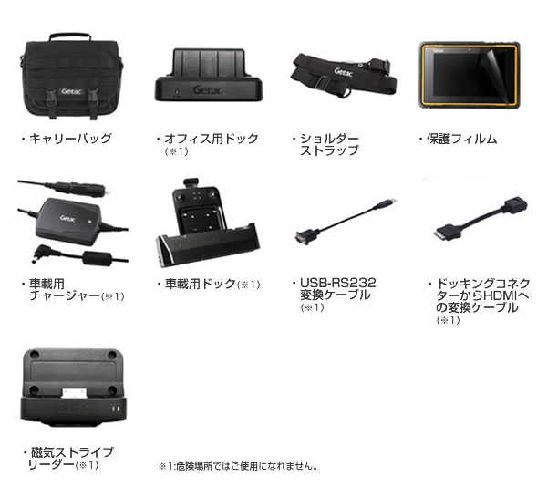 堅牢・防爆タブレット Getac Z710-Ex、様々なアクセサリー類。